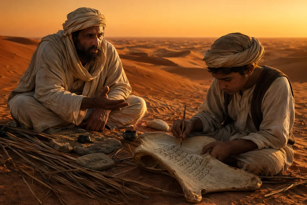 Muhammad dictates in the desert while a scribe writes on shoulder bones and palm leaves — he cannot verify a single word