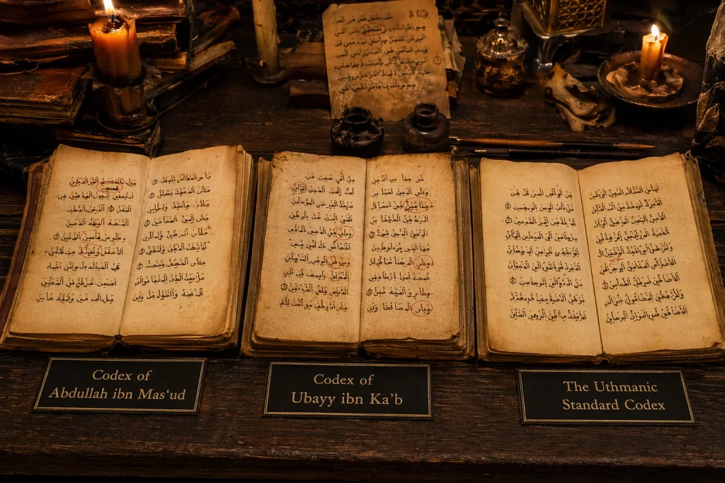 Three codices laid open — each showing different text by candlelight