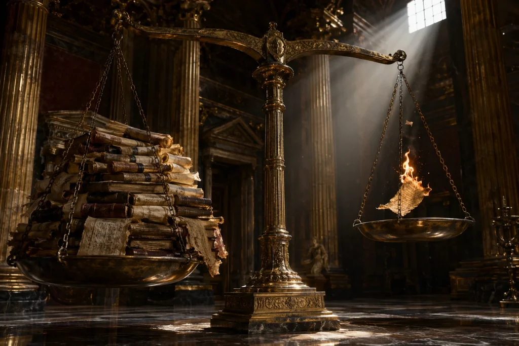 Balance scales weighing stacks of manuscripts against a single burning page