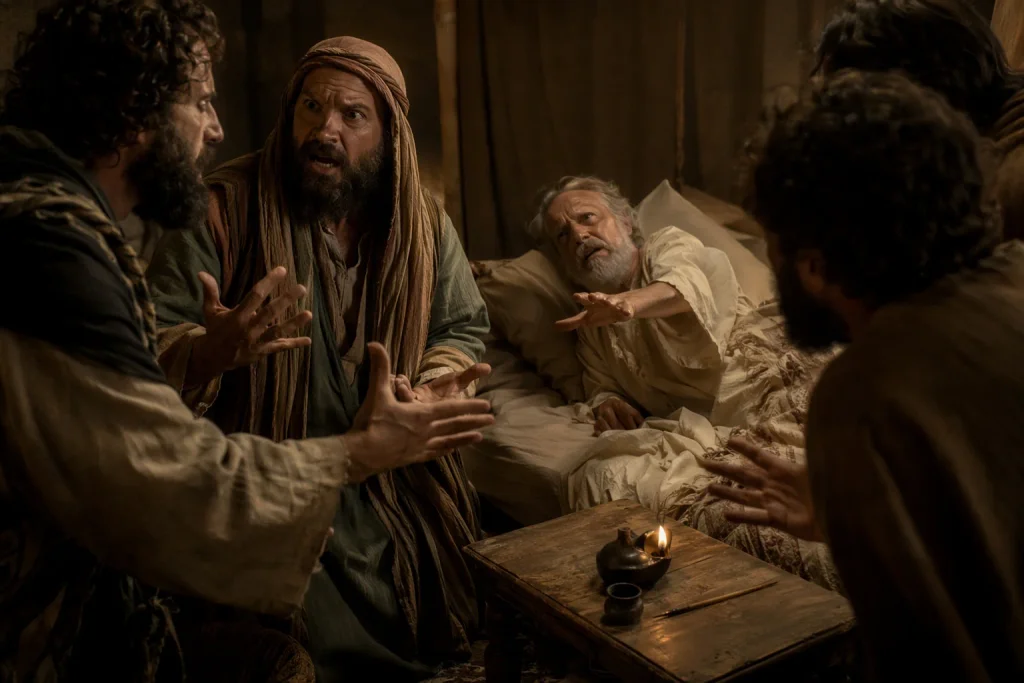 Companions arguing at the bedside while Muhammad reaches for pen and parchment