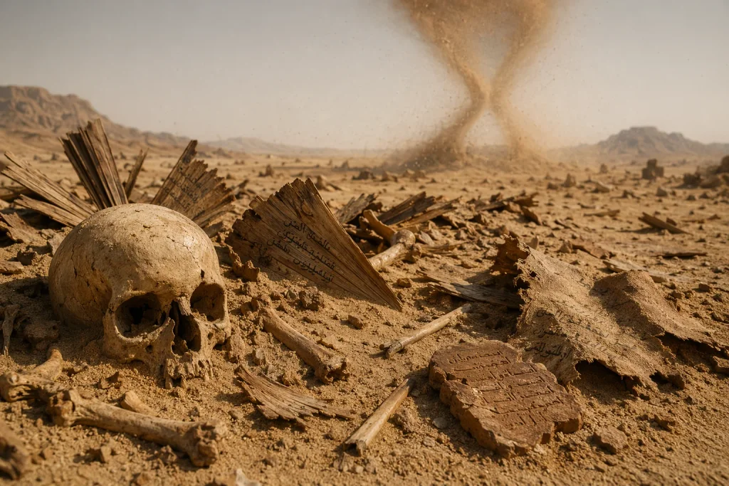 Ancient palm leaf with Arabic text crumbling to dust in desert heat