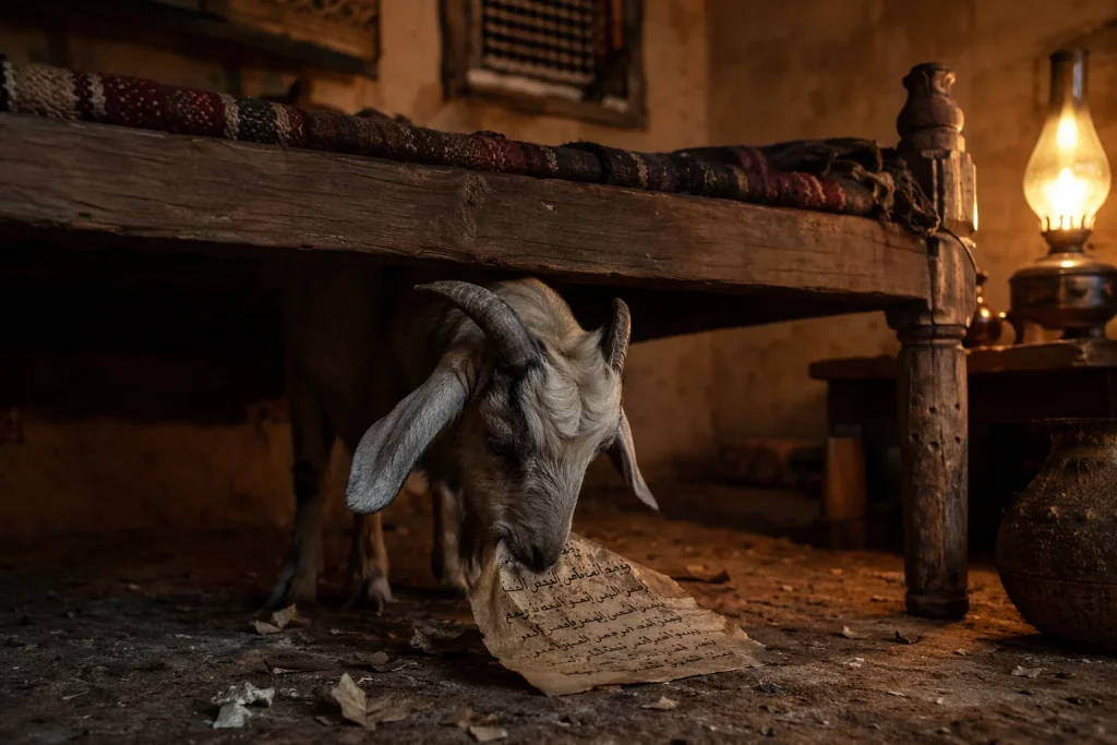A goat eating a parchment of written verses