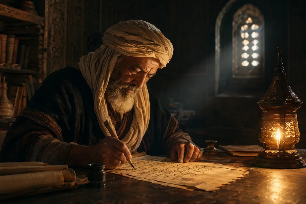A scribe writing an ancient manuscript by lamplight