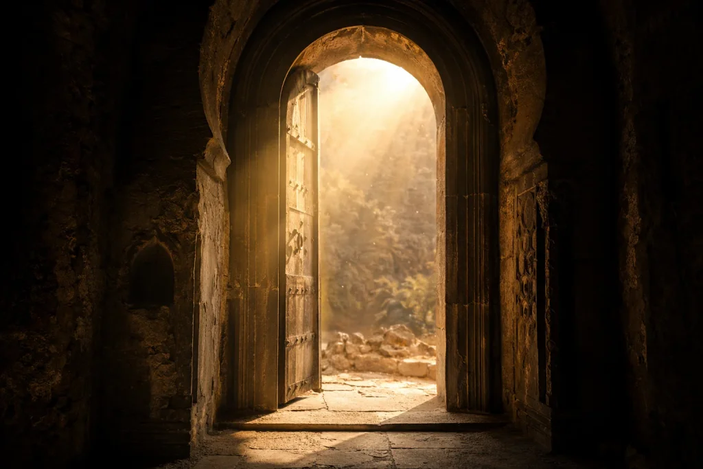 A grand doorway with golden light streaming through