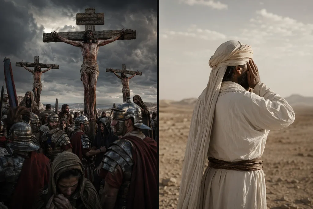 Split scene: Jesus on the cross with witnesses vs a lone man denying it 600 years later