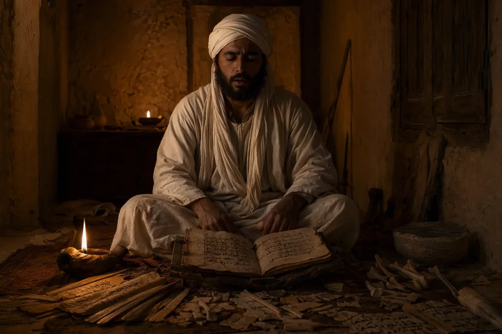 A 7th century Arab man concentrating deeply, trying to memorize sacred text by lamplight