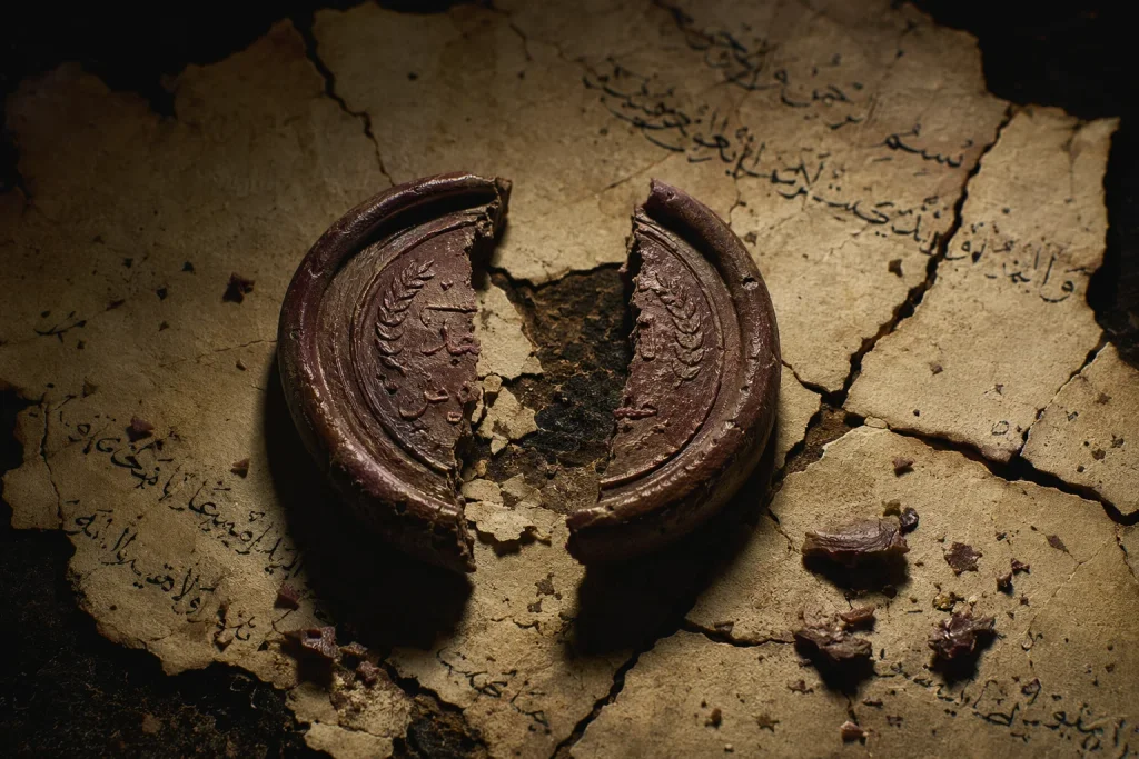 A broken wax seal on an ancient document