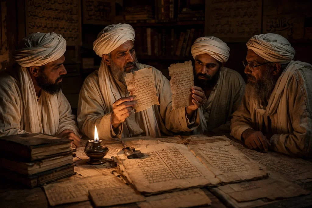 Ancient scholars examining parchment manuscripts by lamplight