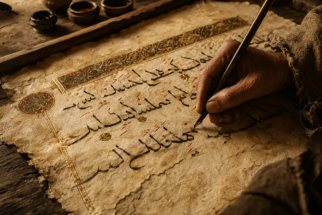 A scholar adding vowel marks to bare consonantal text